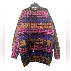 New Vintage Abstract Chevron Zig Zag Print Sweatshirt Purple Tan Black Large